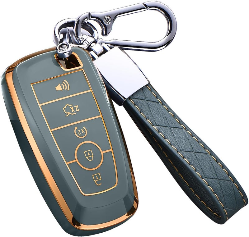 Cacacar for Ford Key Fob Cover with Keychain, for Explorer Bronco Escape Edge Expedition Mustang F150 Fusion Ranger Lincoln Premium Soft TPU Full Protection Key Case Remote Key Holder (Size B-Gray) - Image 1